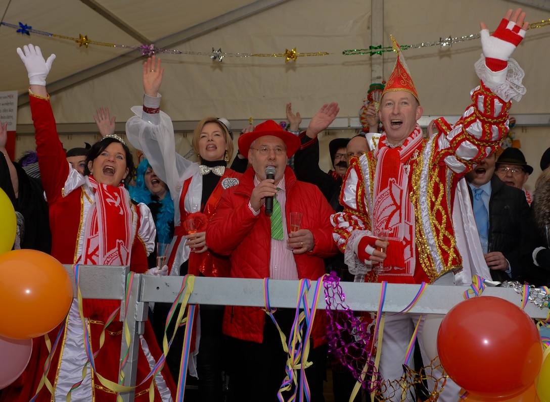 A delegation of Fasching revelers lead a crowd in a chant during a Fasching celebration in Wittlich, Germany, Feb. 12, 2015. More than 250 citizens attended the celebration inside the city's main square. (U.S. Air Force Photo by Staff Sgt. Joe W. McFadden/Released)
