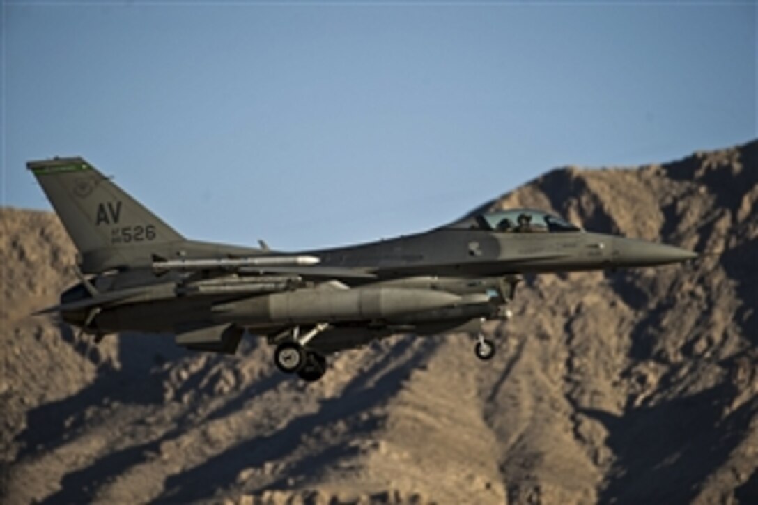 An F-16 Fighting Falcon approaches the runway for landing during Red Flag 15-1 on Nellis Air Force Base, Nev., Feb. 5, 2015. The F-16 crew is assigned to the 555th Fighter Squadron from Aviano Air Base, Italy. 

