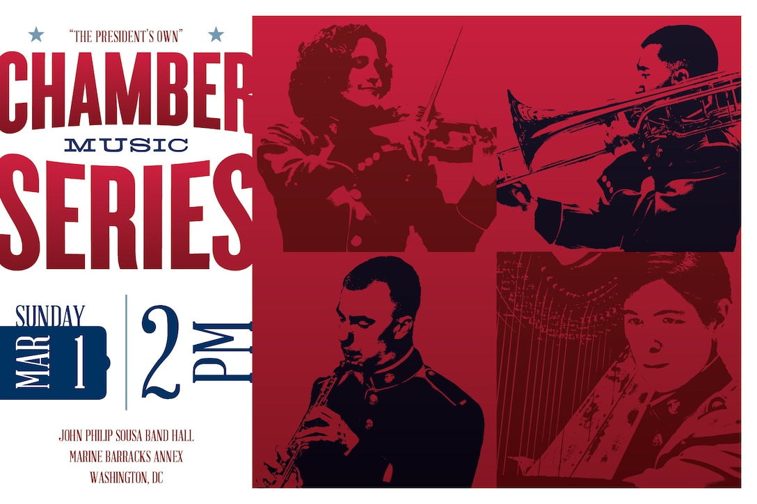 **CONCERT CANCELLED DUE TO INCLEMENT WEATHER**

Sunday, March 1 at 2 p.m. - Coordinated by bass trombonist Master Sgt. Karl Johnson, the program will feature various ensembles, including harp solos, a wind octet with percussion, a trombone ensemble, and a clarinet, violin, cello, and piano quartet.

PROGRAM 
BACH  |  Bourrée’s Double from Violin Partita No. 1; 	                   Gavotte en Rondeau from Suite BWV 1006a
Part  |  Fratres
Biebl  |  Ave Maria (Angelus Domini)
Gabrieli  |  Sonata Pian e Forte
Messiaen  |  Quatuor pour la fin du temps

The concert is free; no tickets are required.
Live streaming at: 
marineband.marines.mil or youtube.com/usmarineband
