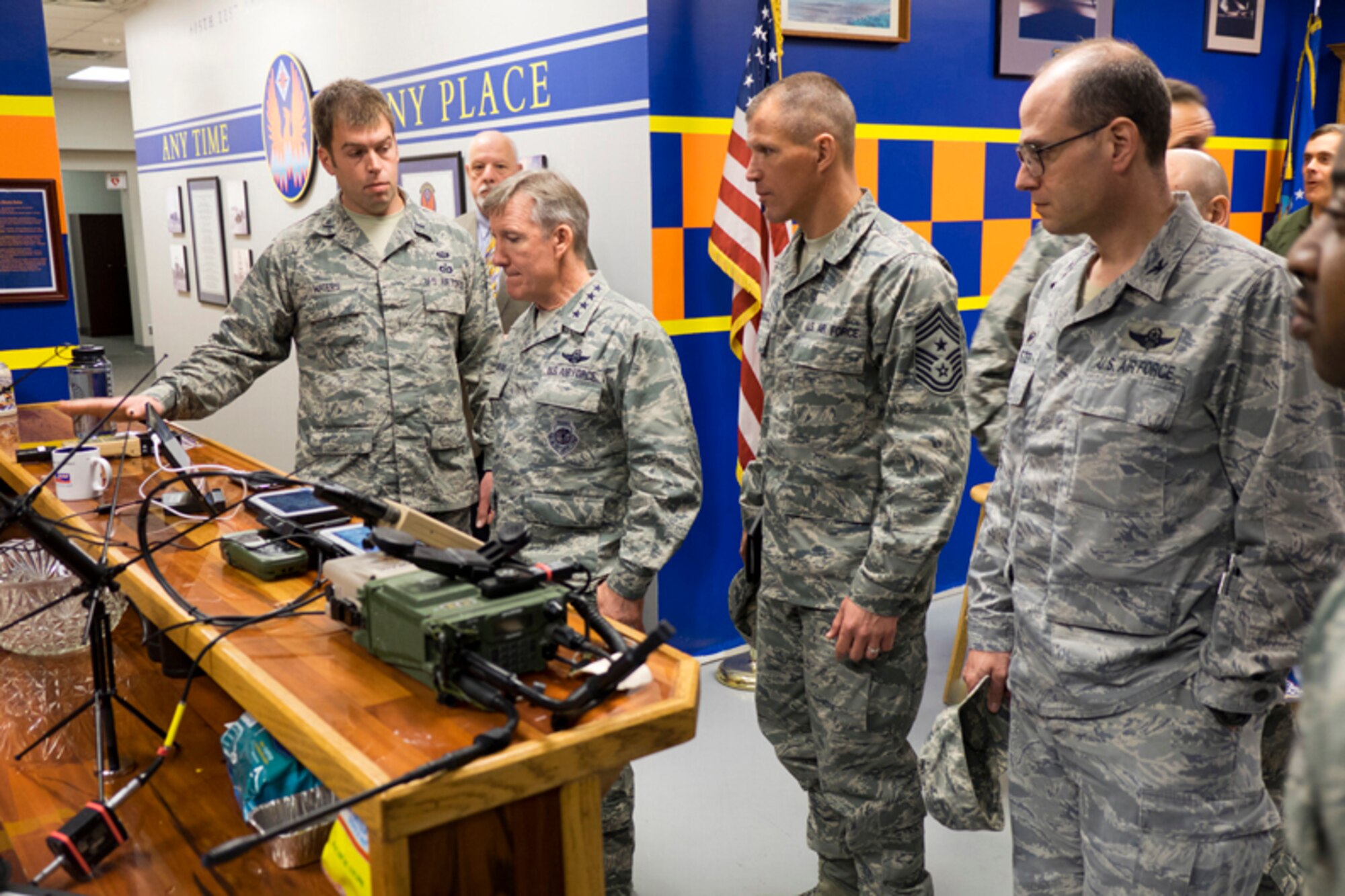 1st Lt. Richard Waters shows Gen. Herbert Carlisle - COMACC, CMSgt SteveMcDonald - ACC Command Chief, and Col. Keith Teister - 505 CCW, Det 1 CC some of the current JTAC equipment.