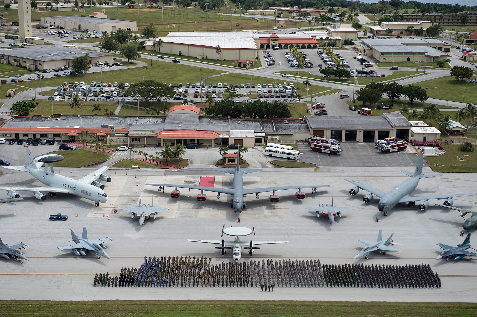 Exercise COPE NORTH 15 participates and aircraft from the U.S. Air Force, U.S. Navy, Japan Air Self-Defense Force, Royal Australian Air Force, Republic of Korea Air Force, Royal New Zealand Air Force, and Philippine Air Force participate in a group photo event Feb.13, 2015, at Anderson Air Force Base, Guam. COPE NORTH is an annual multilateral field training exercise that emphasizes the exchange and execution of tactics, techniques and procedures, while enhancing interoperability. (U.S. Air Force photo by Tech. Sgt. Jason Robertson/released)