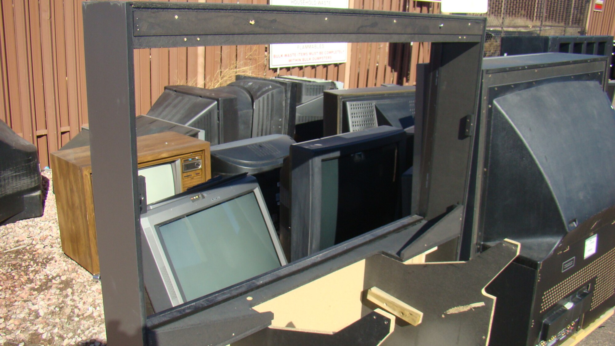 PETERSON AIR FORCE BASE, Colo. -- Due to rising costs of disposing of damaged televisions and scavenged picture tubes, the Peterson AFB Recycling Yard will no longer accept televisions. Government purchased televisions and monitors must be taken to Defense Logistics Agency at Fort Carson. Personal televisions must be taken to area businesses that offer recycling. (U.S. Air Force photo)