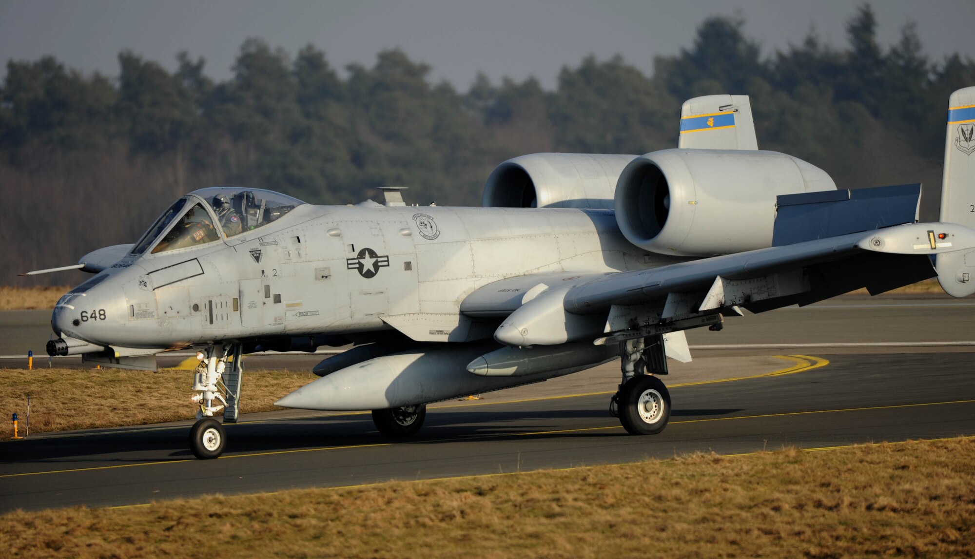 An A-10 Thunderbolt II aircraft assigned to the 354th Expeditionary Fighter Squadron taxis on the flight line at Spangdahlem Air Base, Germany, Feb. 13, 2015. The A-10s deployed as part of a theater security package in support of Operation Atlantic Resolve. The A-10s will conduct flying training deployments and off-station training with NATO allies to further enhance interoperability. (U.S. Air Force photo by Airman 1st Class Timothy Kim/Released)