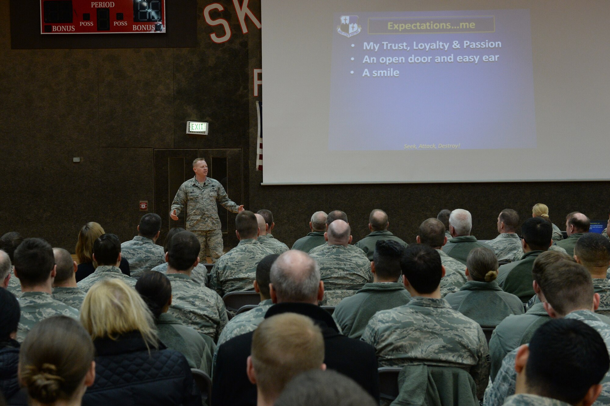 U.S. Air Force Col. Joe McFall, 52nd Fighter Wing commander, speaks during a commander’s call Feb. 17, 2015, in the Skelton Memorial Fitness Center at Spangdahlem Air Base, Germany. The event represented McFall’s first commander’s call since taking charge of the wing during his assumption of command Feb. 5, 2015. (U.S. Air Force photo by Senior Airman Dylan Nuckolls/Released)