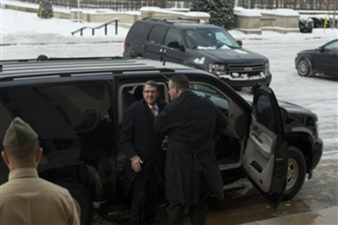 Incoming Secretary of Defense Ash Carter arrives at the Pentagon to assume duties as the newly appointed secretary of defense, Feb. 17, 2015. 