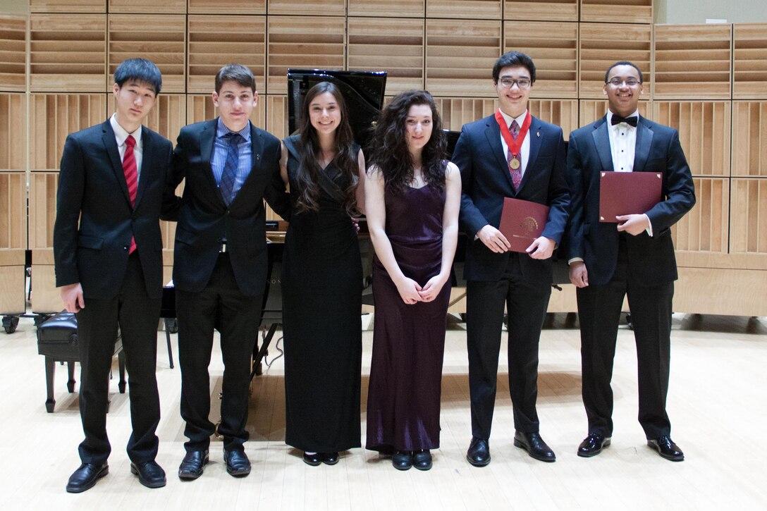 Allen Chang (clarinet), Anthony Brattoli (tuba), Samantha White (flute), Taiga Ultan (flute), Chad Lilley (alto saxophone), and Joe Broom (euphonium) competed in the Marine Band and Marine Corps Heritage Foundation's Concerto Competition for High School Musicians. (U.S. Marine Corps photo by Staff Sgt. Rachel Ghadiali/released) 