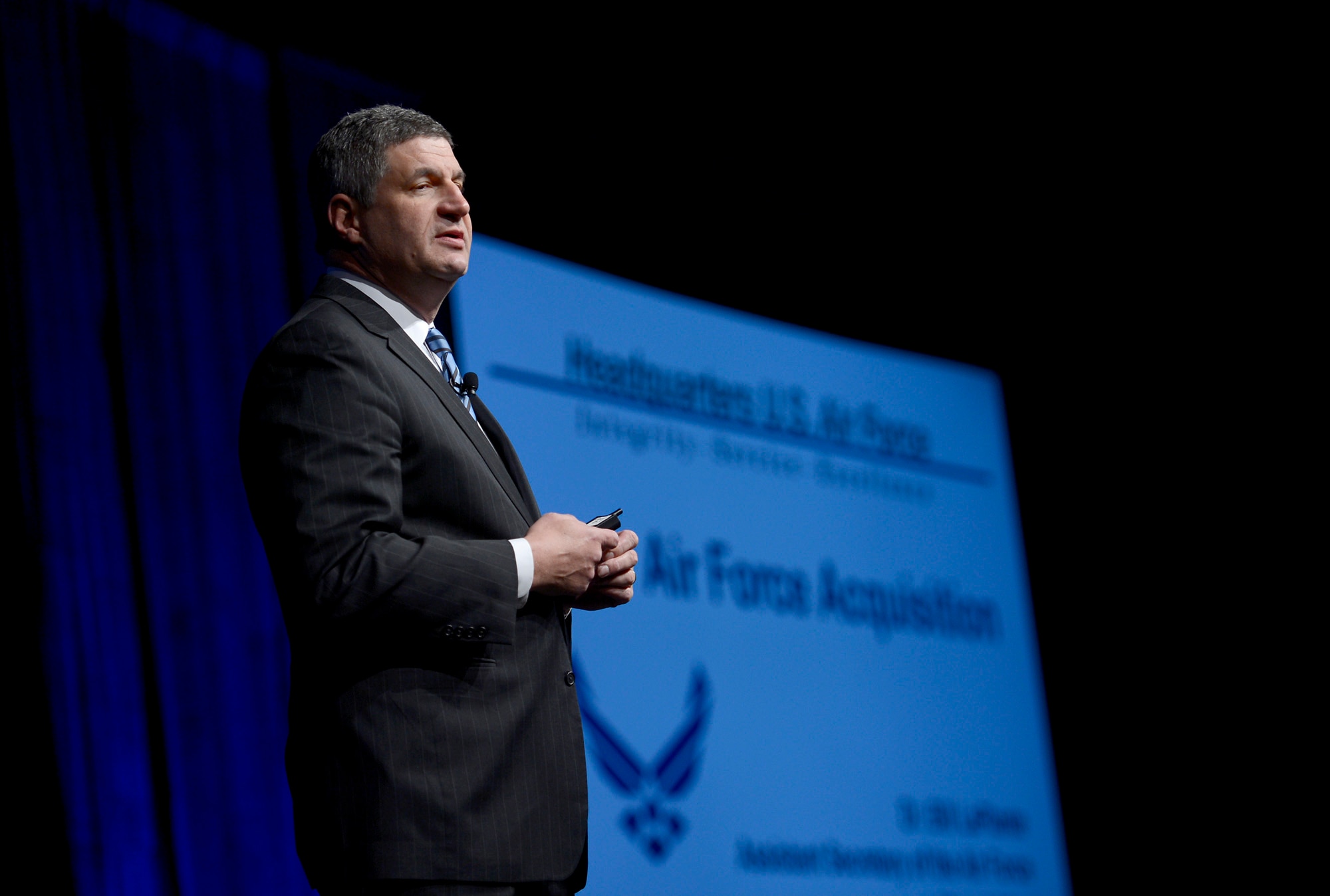 Dr. William A. LaPlante talks to attendees of the Air Force Association’s Annual Air Warfare Symposium and Technology Exposition Feb. 13, 2015, in Orlando, Fla. LaPante is the assistant secretary of the Air Force for Acquisition. He spoke about Air Force procurement strategy and challenges. (U.S. Air Force photo/Scott M. Ash)