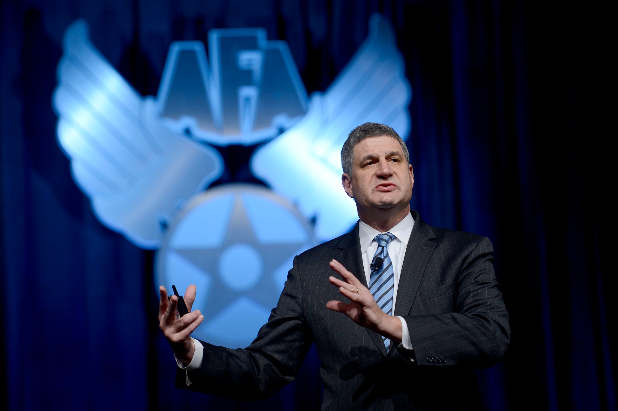 Dr. William A. LaPlante talks to attendees of the Air Force Association’s Annual Air Warfare Symposium and Technology Exposition Feb. 13, 2015, in Orlando, Fla. LaPante is the assistant secretary of the Air Force for Acquisition. He spoke about Air Force procurement strategy and challenges. (U.S. Air Force photo/Scott M. Ash)