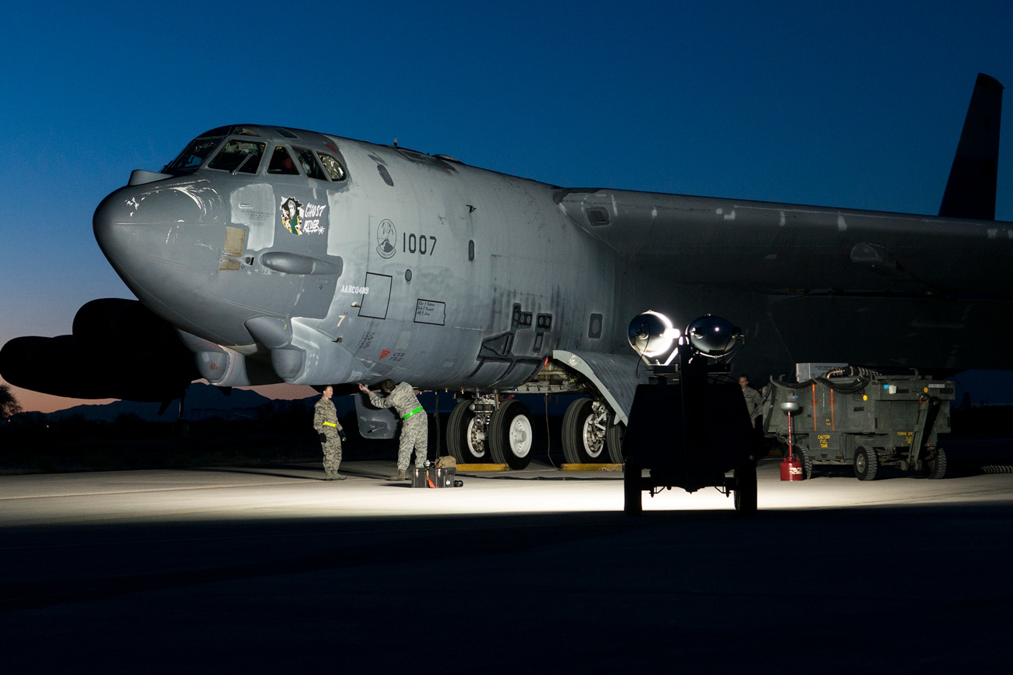 The "Ghost Rider" is prepared for an early morning taxi test on Feb. 12, 2015, Davis-Monthan Air Force Base, Ariz. The B-52H Stratofortress was decommissioned in 2008 and has been sitting in the 309th Aerospace Maintenance and Regeneration Group's "Boneyard", but is being restored to join the active fleet of B-52s. (U.S. Air Force photo by Master Sgt. Greg Steele/Released)