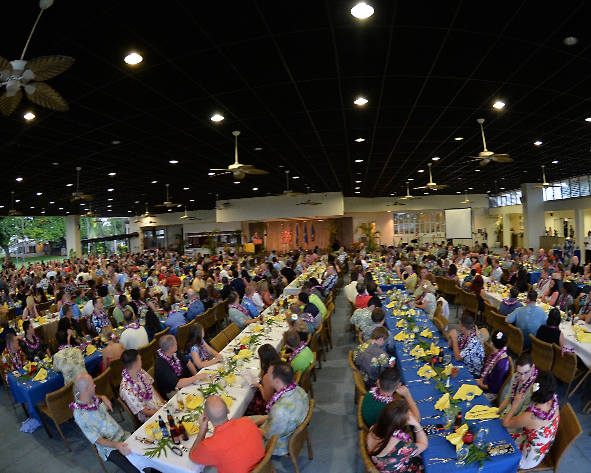 Members of the 15th Wing attend the 2014 Annual Awards Luau at the Historic Hickam Officers' Club on Joint Base Pearl Harbor-Hickam, Hawaii, Feb. 13, 2015.  Personnel from the Medical Group, Operations Group, Maintenance Group, Wing staff Agencies and the 647th Air Base Group joined in the luau themed event. (U.S. Air Force photo by Tech. Sgt. Aaron Oelrich/Released)