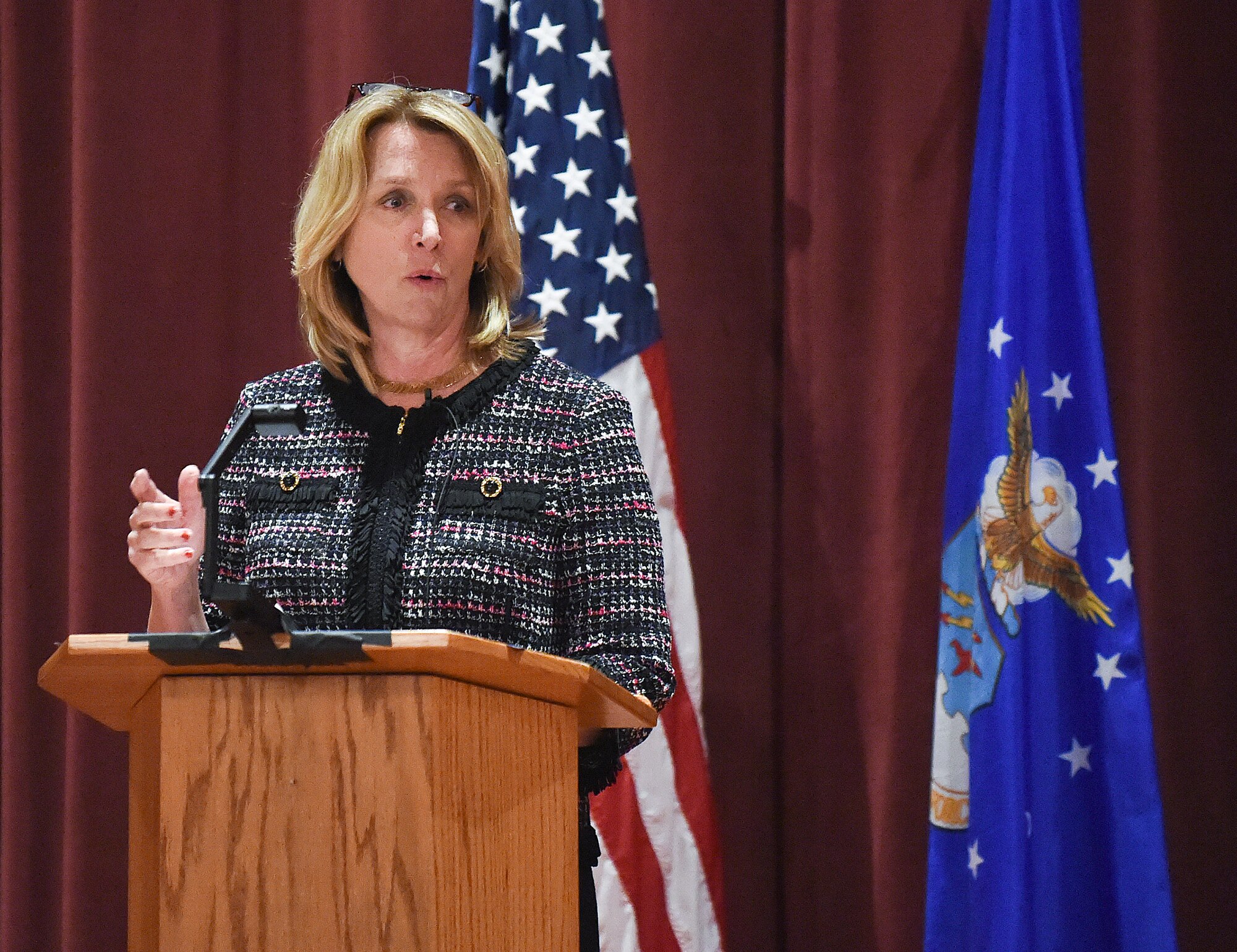 Secretary of the Air Force Deborah Lee James addresses the 90th Missile Wing in the F.E. Warren Air Force Base, Wyo., theater Feb. 18, 2015. James discussed improvements implemented across the nuclear enterprise as well as provided Airmen with an update about the FY16 budget. She also met with focus groups to get feedback in preparation for a meeting of the Nuclear Oversight Board at Minot AFB, N.D., Feb. 20. The NOB is being held at Minot in order to provide Air Force leadership with the opportunity to learn more about both the bomber and ICBM mission and to experience first-hand the unique environmental challenges of northern tier bases. (U. S. Air Force photo by R.J. Oriez/Released)
