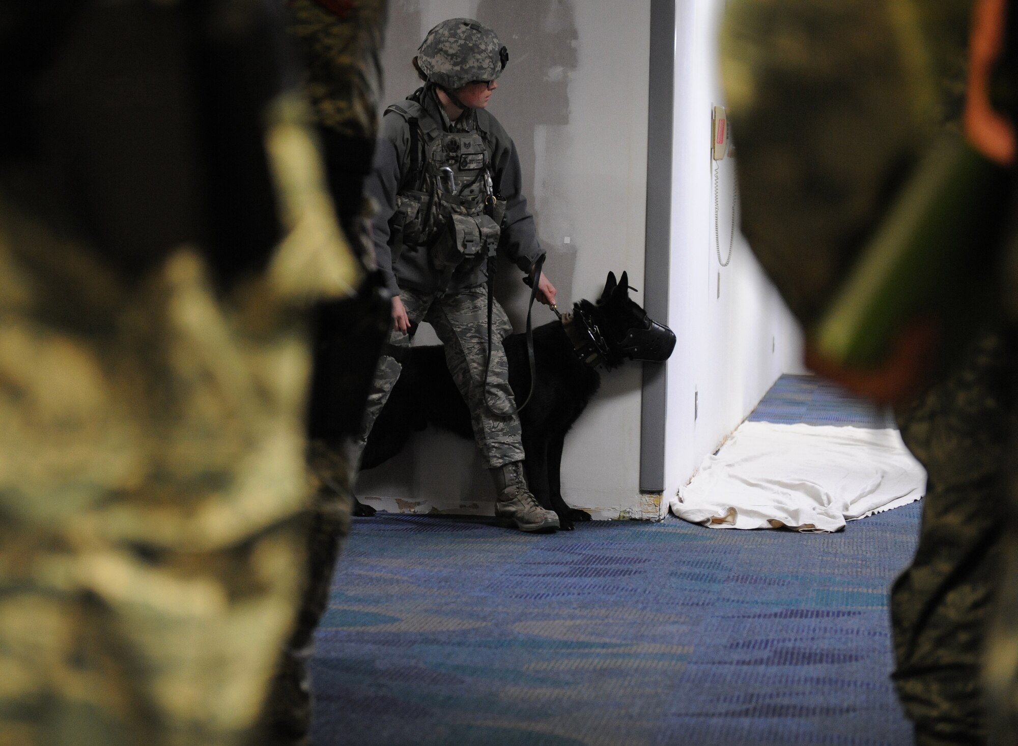 U.S. Air Force Staff Sgt. Amanda Cubbage, 509th Bomb Wing Security Forces Squadron military working dog handler, pursues a suspect during an active-shooter exercise at Whiteman Air Force Base, Mo., Feb. 11, 2015. The goal of the exercise is to familiarize members with how to respond to a real-world scenario.  (U.S. Air Force photo by Airman 1st Class Joel Pfiester/Released)