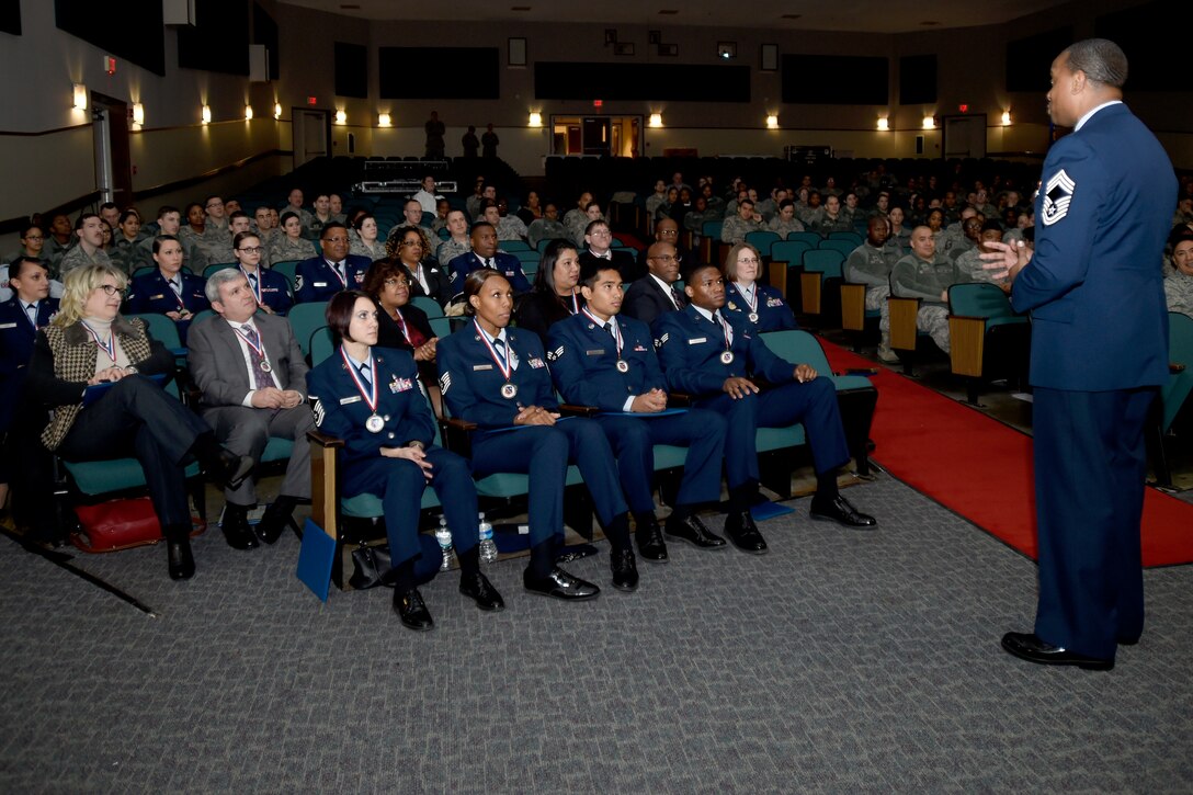 The 79th Medical Wing (79 MDW) held their 2014 Annual Awards Ceremony to recognize the contributions of our outstanding service members. 779th Medical Group Superintendent, Chief Master Sgt. Tracy Washington thanks all the nominees for going above and beyond in all they do before the ceremony began.  (U.S. Air Force photo/Airman 1st Class Ryan J. Sonnier)
