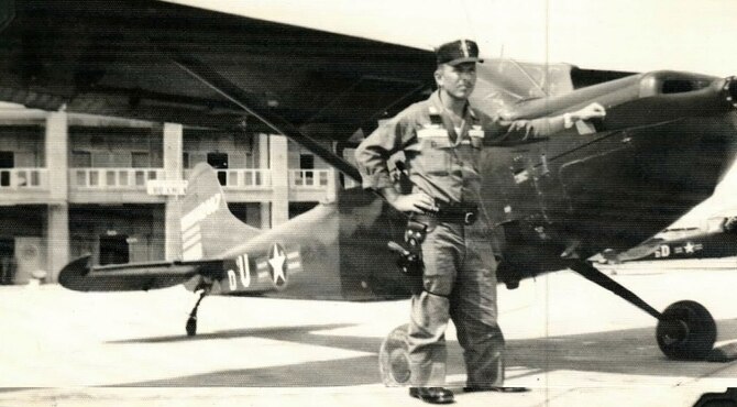 Capt. Lt. Keith Sawyer was stationed at Tan Son Nhut Air Base in Saigon, Vietnam from 1963-64 as a forward air controller flying the L-19 (O-1A) “Bird Dog” aircraft.  His mission was to mark enemy targets with smoke grenades for fighters to come in and destroy, ultimately flying 386 combat sorties and accumulating 600 flying hours that year alone.  (Photo courtesy of Keith Sawyer)