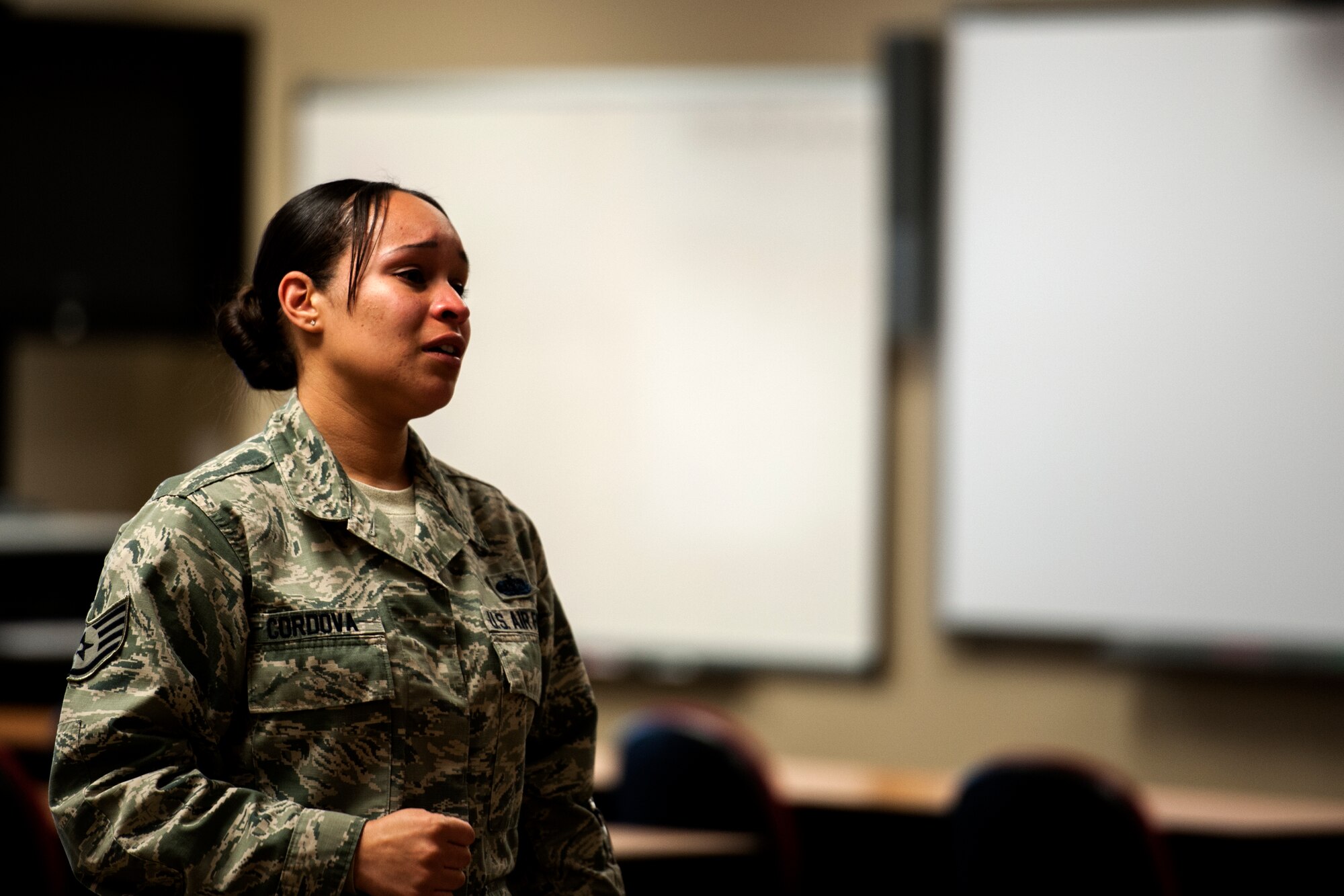 GOODFELLOW AIR FORCE BASE, Texas – Staff Sgt. Christina M. Cordova, 17th Civil Engineer Squadron housing office manager, tells her story during Walk in My Boots at the Consolidated Learning Center Feb. 17, 2015. Walk in My Boots is a monthly event where Airman share their personal stories to inspire and mentor other Airman. (U.S. Air Force photo/ Senior Airman Scott Jackson)