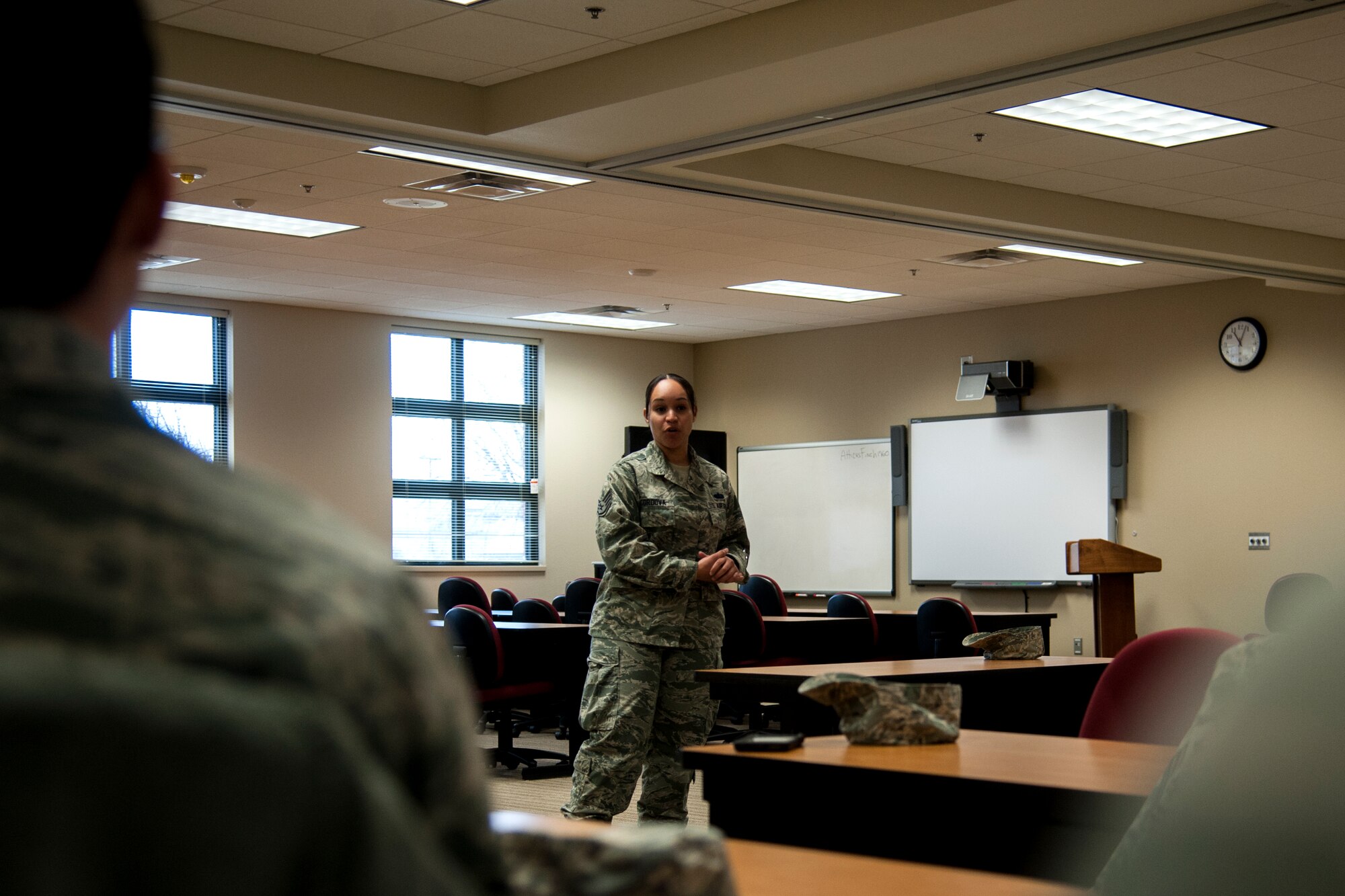 GOODFELLOW AIR FORCE BASE, Texas – Staff Sgt. Christina M. Cordova, 17th Civil Engineer Squadron housing office manager, tells her story during Walk in My Boots at the Consolidated Learning Center Feb. 17, 2015. Cordova focused on her deployments and their effects on her life. (U.S. Air Force photo/ Senior Airman Scott Jackson)