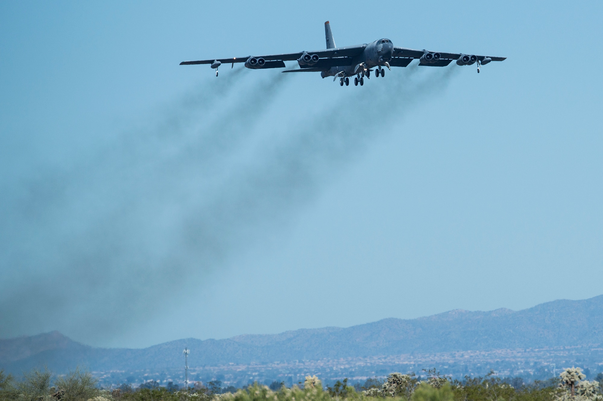 A U.S. Air Force B-52H Stratofortress takes off after being taken out of long term storage at the 309th Aerospace Maintenance and Regeneration Group, Feb. 13, 2015, Davis-Monthan Air Force Base, Ariz. The aircraft was decommissioned in 2008 and has spent the last seven years sitting in the “Boneyard,” but was selected to be returned to active status and will eventually rejoin the B-52 fleet. (U.S. Air Force photo by Master Sgt. Greg Steele/Released)