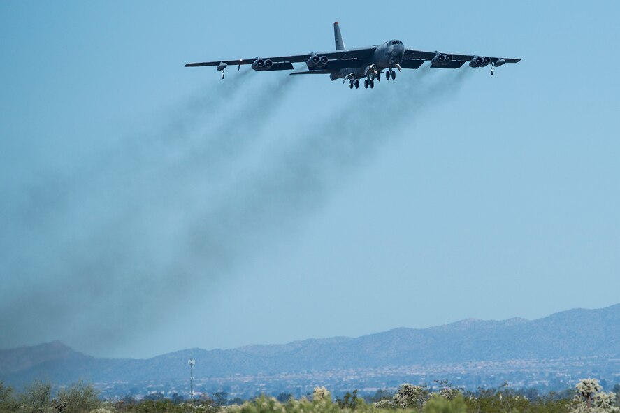 A U.S. Air Force B-52H Stratofortress takes off after being taken out of long term storage at the 309th Aerospace Maintenance and Regeneration Group, Feb. 13, 2015, Davis-Monthan Air Force Base, Ariz. The aircraft was decommissioned in 2008 and has spent the last seven years sitting in the “Boneyard,” but was selected to be returned to active status and will eventually rejoin the B-52 fleet. (U.S. Air Force photo by Master Sgt. Greg Steele/Released)