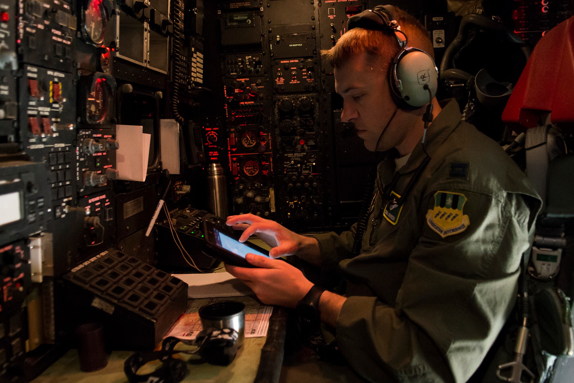 U.S. Air Force Capt. Carl Johnson, a B-52 navigator assigned to the 2nd Operations Group at Barksdale Air Force Base, La., prepares for the first flight of a B-52H Stratofortress that is being regenerated at the 309th Aerospace Maintenance and Regeneration Group on Feb. 12, 2015, Davis-Monthan Air Force Base, Ariz. The B-52 was decommissioned in 2008 and has spent the last seven years in 1000-type storage in the "Boneyard,” but is being restored and will eventually join the active B-52 fleet. (U.S. Air Force photo by Master Sgt. Greg Steele/Released)