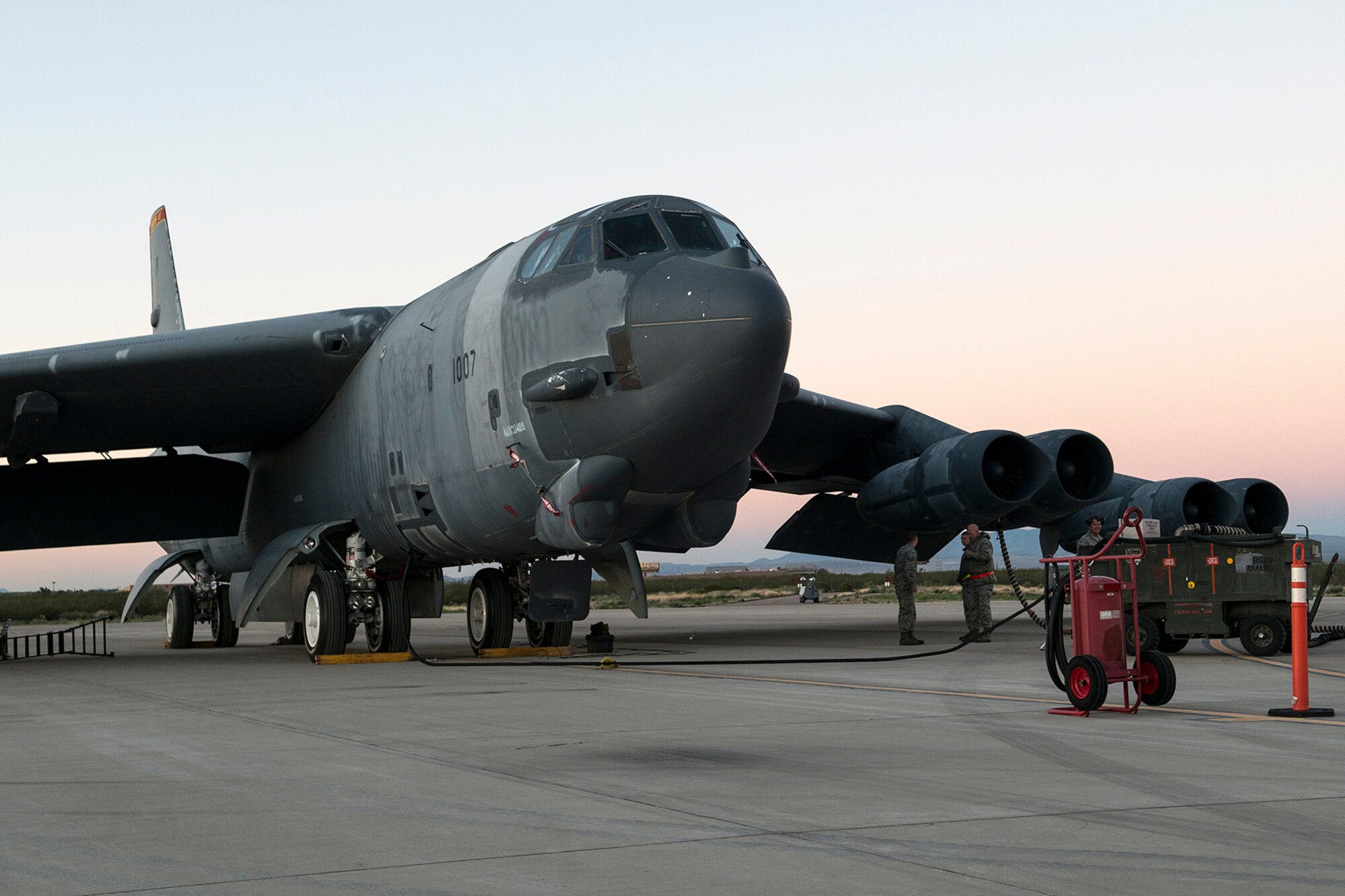 Maintenance personnel prepare a B-52H Stratofortress for its first flight in seven years on Feb. 13, 2015, Davis-Monthan Air Force Base, Ariz. The aircraft, known as the "Ghost Rider," was decommissioned in 2008 and was selected to return to active status and will eventually rejoin the B-52 fleet. (U.S. Air Force photo by Master Sgt. Greg Steele/Released)