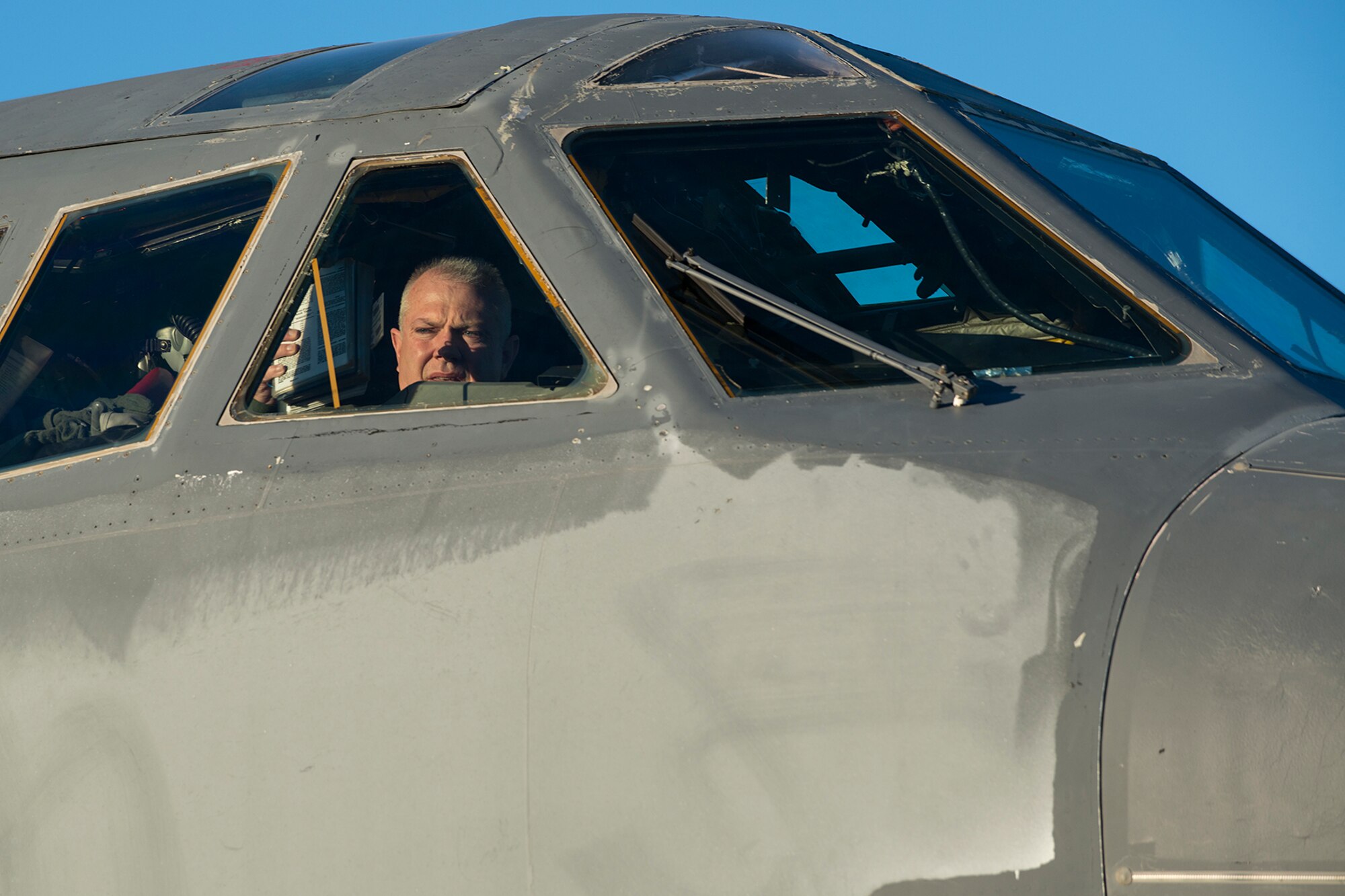 U.S. Air Force Lt. Col. Tim Hines, from the 10th Flight Test Squadron at Tinker AFB, Okla., prepares for a taxi test of a B-52H Stratofortress on Feb. 12, 2015, Davis-Monthan Air Force Base, Ariz. The B-52 was decommissioned in 2008 and has spent the last seven years in 1000-type storage in the "Boneyard,” but is being restored and will eventually join the active B-52 fleet. (U.S. Air Force photo by Master Sgt. Greg Steele/Released)