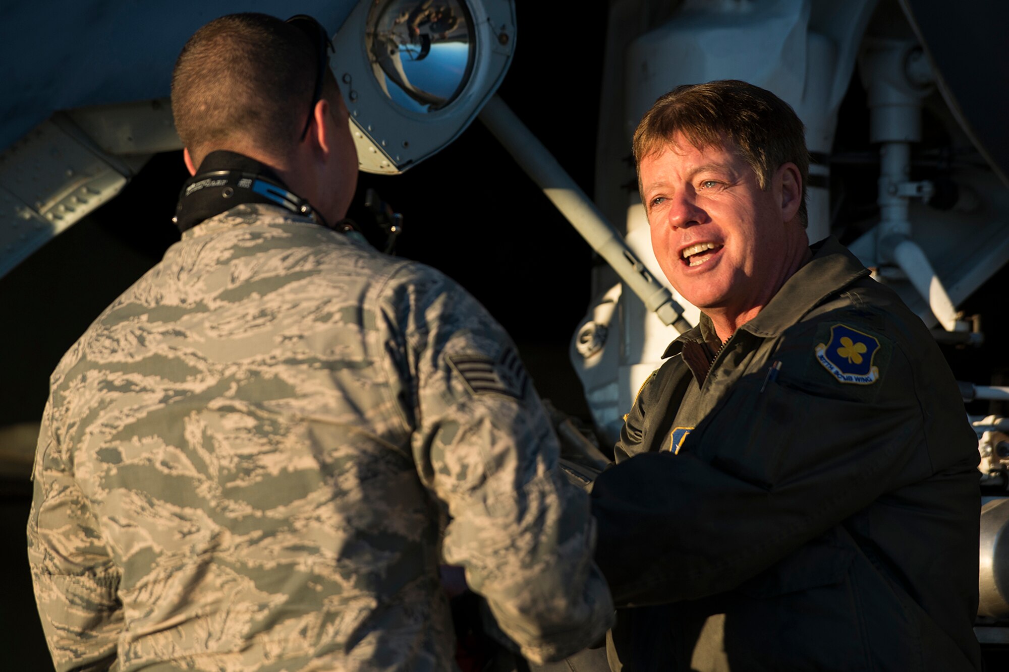 U.S. Air Force Col. Keith Schultz, 307th Operations Group commander, talks with a crew chief during an inspection of a B-52H Stratofortress prior to a taxi test on Feb. 12, 2015, Davis-Monthan Air Force Base, Ariz. Schultz, who has over 6,500 flying hours in the B-52, will pilot the aircraft on its flight from the "Boneyard" since sitting in storage for seven years after being decommissioned in 2008. (U.S. Air Force photo by Master Sgt. Greg Steele/Released)