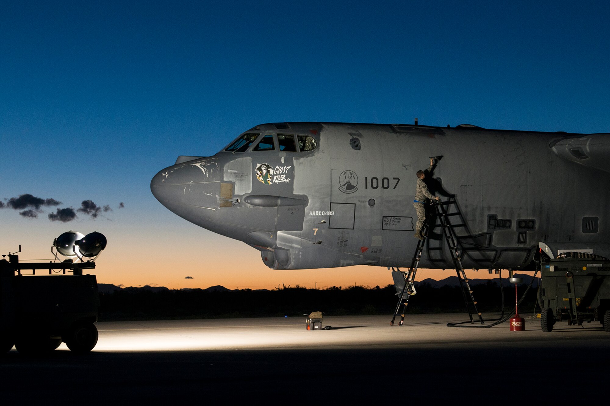 The "Ghost Rider" is prepared for an early morning taxi test on Feb. 12, 2015, Davis-Monthan Air Force Base, Ariz. The B-52H Stratofortress was decommissioned in 2008 and has been sitting in the 309th Aerospace Maintenance and Regeneration Group's "Boneyard", but is being restored to join the active fleet of B-52s. (U.S. Air Force photo by Master Sgt. Greg Steele/Released)