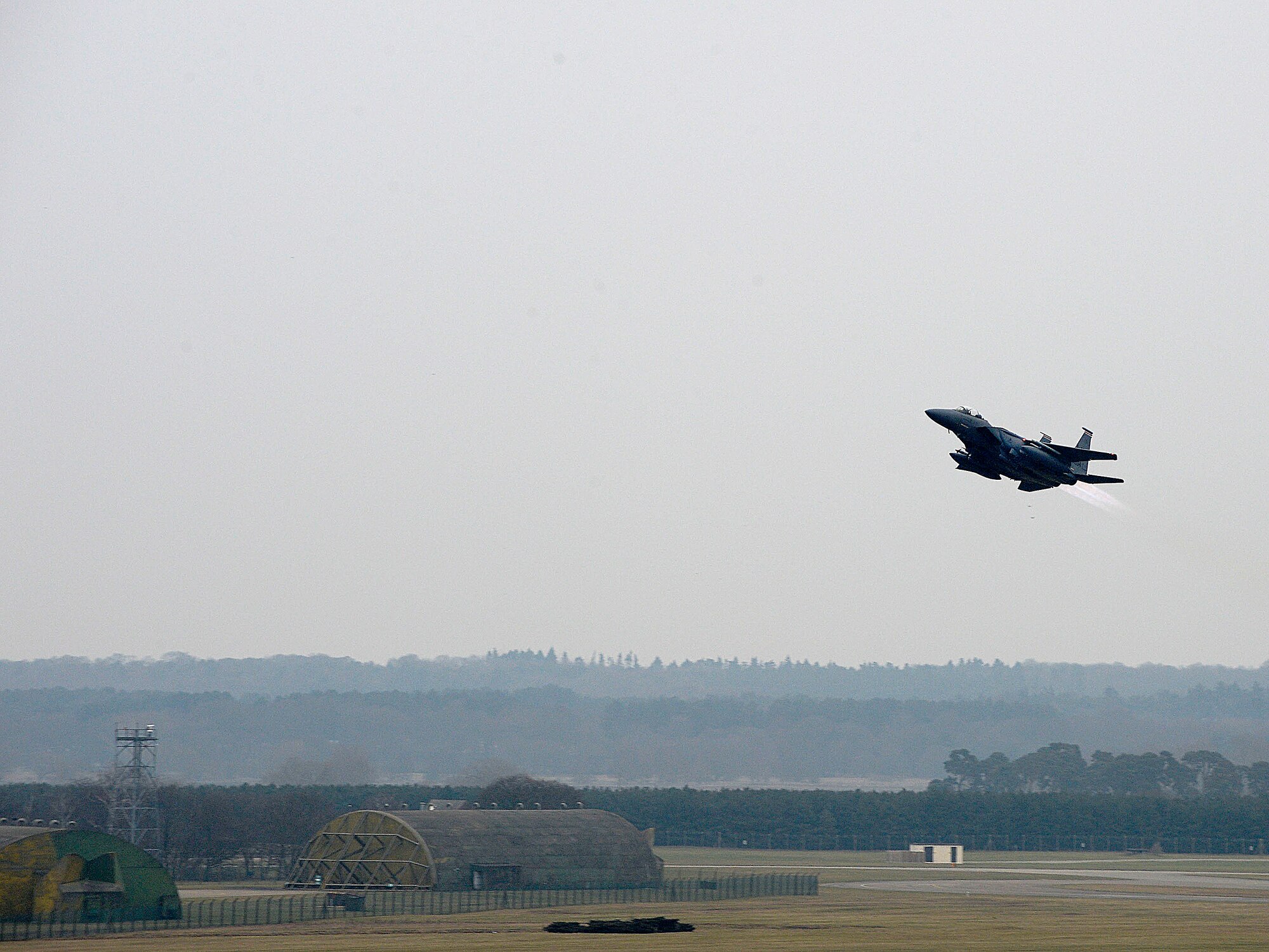 An F-15E Strike Eagle takes-off from Royal Air Force Lakenheath, England, Feb. 12, 2015.The 48th Fighter Wing participated in exercise Purple Windmill in Vliehors Range, Netherlands, which provided close air support, surface-attack and dynamic-targeting training with Dutch and French joint terminal attack controllers. (U.S. Air Force photo by Staff Sgt. Stephanie Longoria/Released)