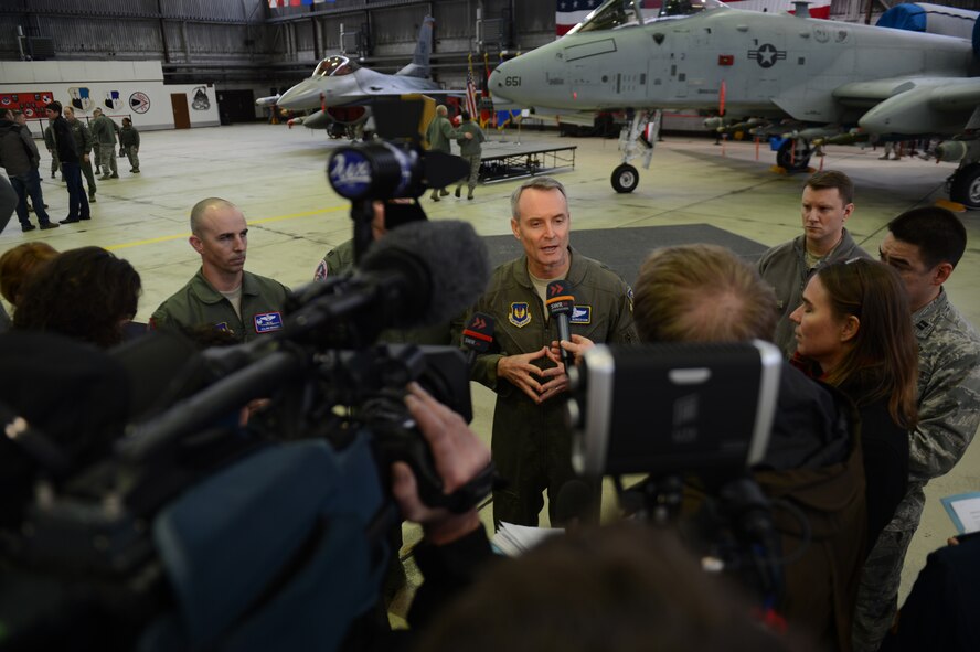 U.S. Air Force Lt. Gen. Darryl Roberson, 3rd Air Force and 17th Expeditionary Air Force commander, speaks at a theater security package announcement at Spangdahlem Air Base, Germany, Feb. 18, 2015. This TSP is the first rotational deployment of Airmen in Europe and will train alongside NATO allies to increase interoperability and capability. (U.S. Air Force photo by Senior Airman Gustavo Castillo/Released)