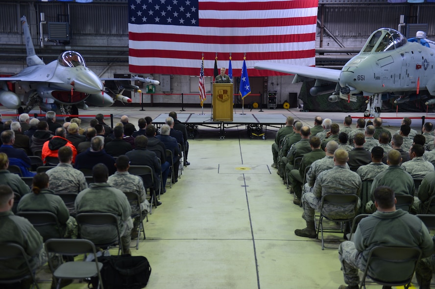 U.S. Air Force Lt. Gen. Darryl Roberson, 3rd Air Force and 17th Expeditionary Air Force commander, speaks at a theater security package announcement at Spangdahlem Air Base, Germany, Feb. 18, 2015. This TSP is the first rotational deployment of Airmen in Europe and will train alongside NATO allies to increase interoperability and capability. (U.S. Air Force photo by Senior Airman Gustavo Castillo/Released)