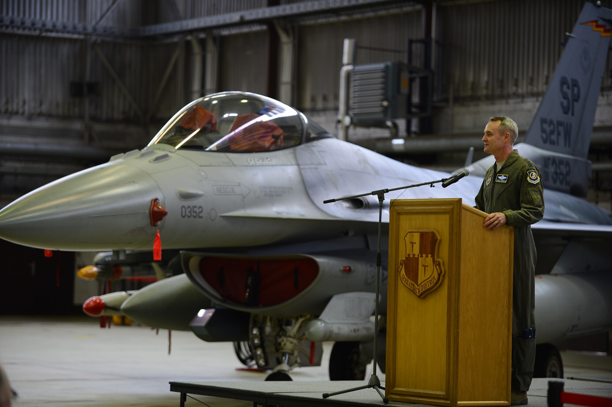 U.S. Air Force Lt. Gen. Darryl Roberson, 3rd Air Force and 17th Expeditionary Air Force commander, speaks at a theater security package announcement at Spangdahlem Air Base, Germany, Feb. 18, 2015. This TSP is the first rotational deployment of Airmen in Europe and will train alongside NATO allies to increase interoperability and capability. (U.S. Air Force photo by Senior Airman Gustavo Castillo/Released)