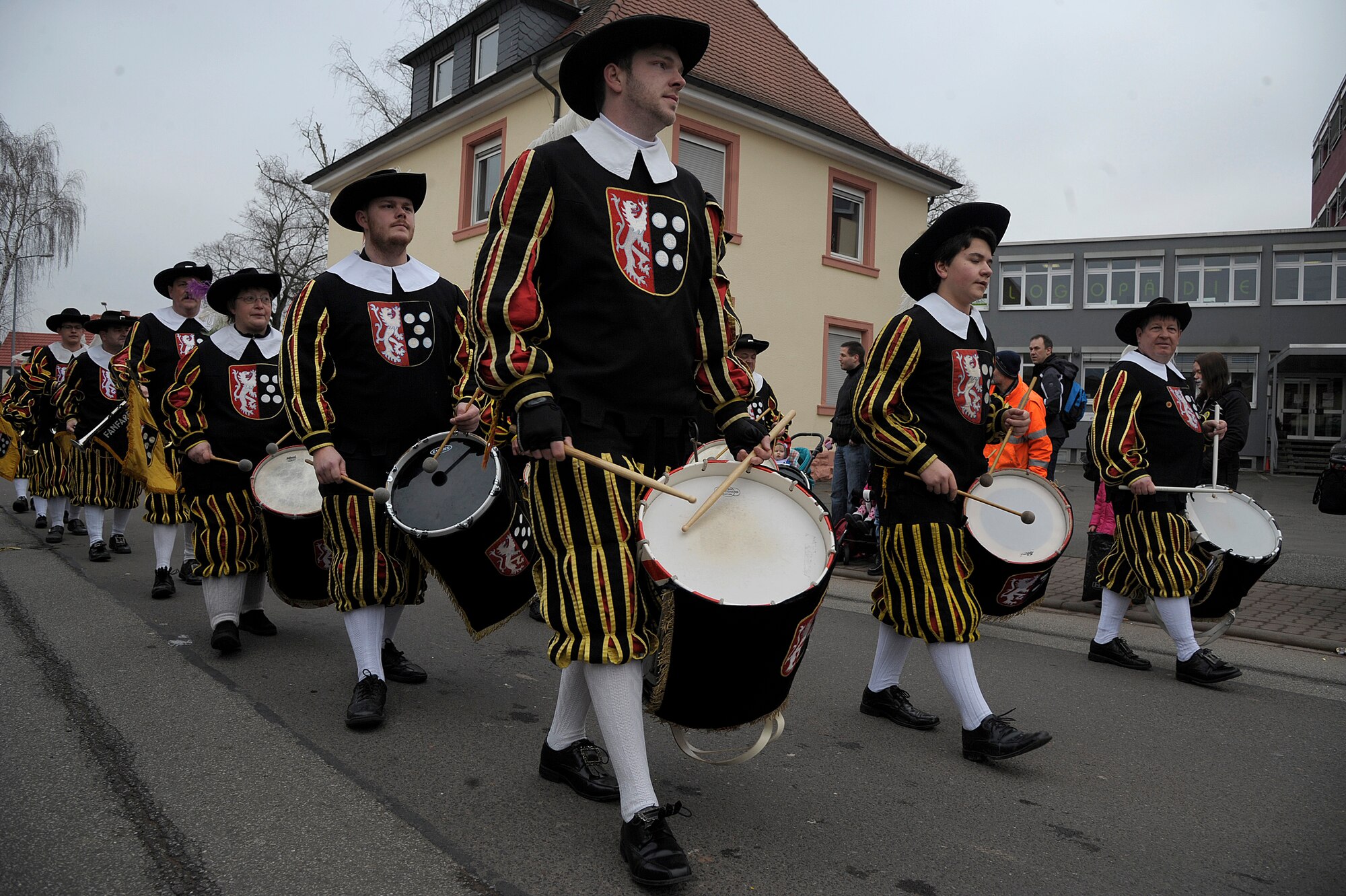 A drum line performs in the streets during the Fasching parade in Ramstein-Miesenbach, Germany, Feb. 17, 2015. The annual parade is the largest in the Westpfalz area with more than 1,400 participants. (U.S. Air Force photo/Senior Airman Timothy Moore)