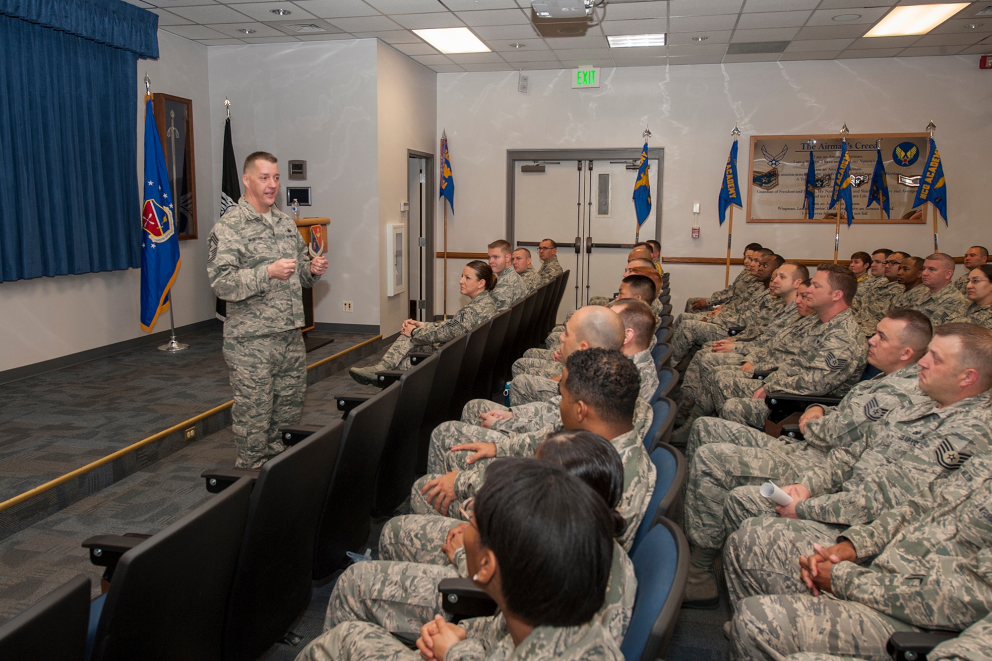 PETERSON AIR FORCE BASE, Colo. – Command Chief Master Sgt. Douglas McIntyre, Air Force Space Command, addressed Airmen at the Vosler NCO Academy Feb. 11. McIntyre reminded the group they are the future leaders of the Air Force and will lead the service to where it needs to go in the coming years. (U.S. Air Force photo by Philip Carter) 