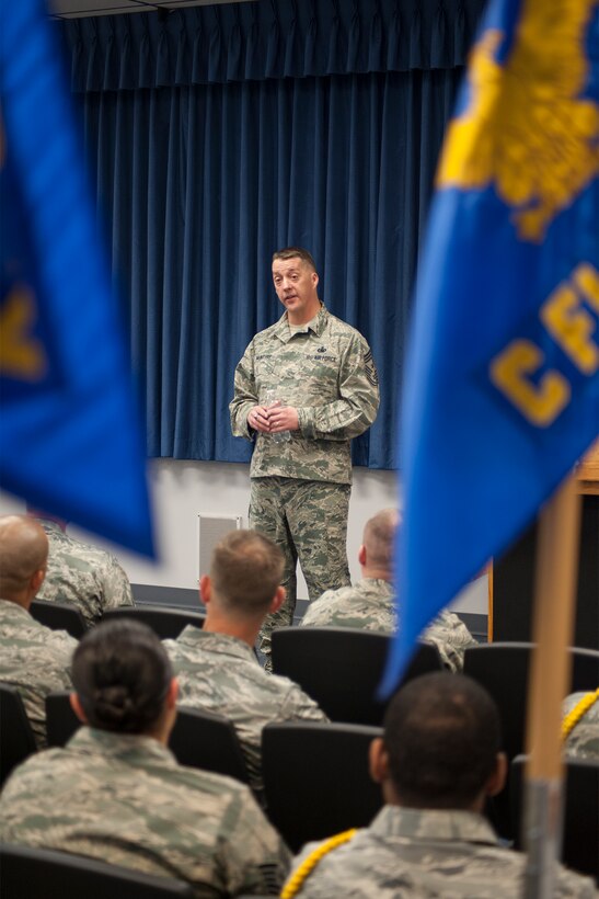 PETERSON AIR FORCE BASE, Colo. – Command Chief Master Sgt. Douglas McIntyre, Air Force Space Command, addressed Airmen at the Vosler NCO Academy Feb. 11. McIntyre reminded the group they are the future leaders of the Air Force and will lead the service to where it needs to go in the coming years. (U.S. Air Force photo by Philip Carter) 