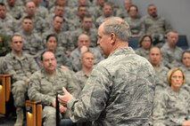 Chief of Staff of the United States Air Force General Mark A. Welsh III speaks to enlisted Airmen during an enlisted call at on Feb 17, 2015 at Pease Air National Guard Base, N.H. Welsh visited the base to speak to Airmen and community leaders as well as discuss the base’s next aircraft, the KC-46 Pegasus.  (U.S. Air National Guard photo by Staff Sgt. Curtis J. Lenz/RELEASED)
