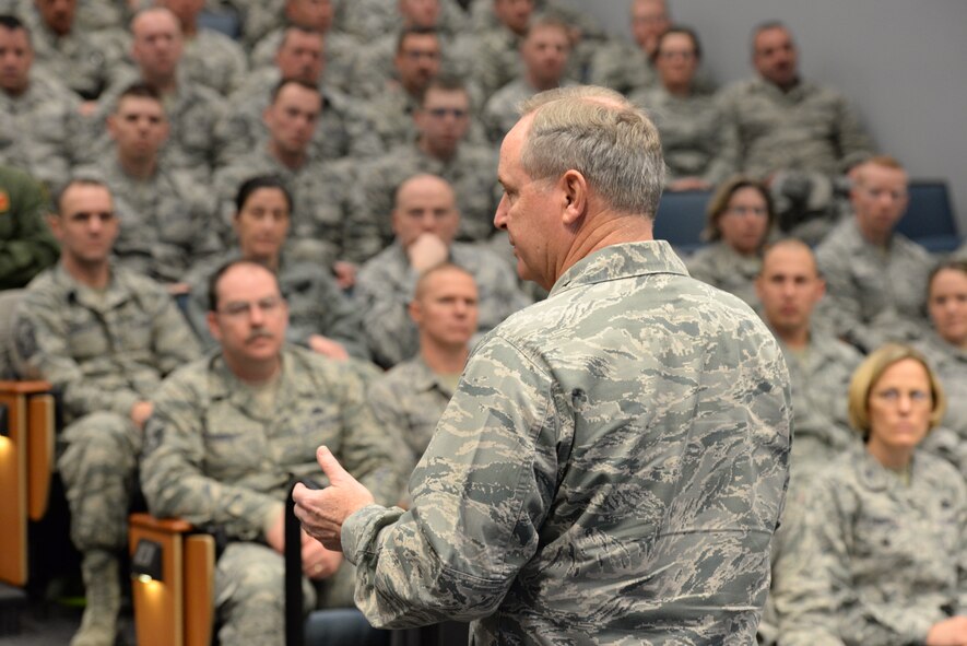 Chief of Staff of the United States Air Force General Mark A. Welsh III speaks to enlisted Airmen during an enlisted call at on Feb 17, 2015 at Pease Air National Guard Base, N.H. Welsh visited the base to speak to Airmen and community leaders as well as discuss the base’s next aircraft, the KC-46 Pegasus.  (U.S. Air National Guard photo by Staff Sgt. Curtis J. Lenz/RELEASED)