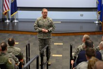 Chief of Staff of the United States Air Force General Mark A. Welsh III speaks to enlisted Airmen during an enlisted call at on Feb 17, 2015 at Pease Air National Guard Base, N.H. Welsh visited the base to speak to Airmen and community leaders as well as discuss the base’s next aircraft, the KC-46 Pegasus.  (U.S. Air National Guard photo by Staff Sgt. Curtis J. Lenz/RELEASED)