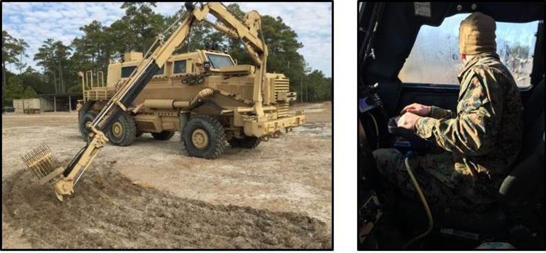 Marines of BCE10-15 operate the robotic arm on the Buffalo.