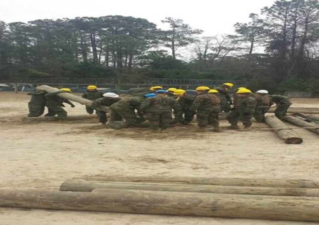 Marines of BCE 11-15 learn how to build log crib obstacles.