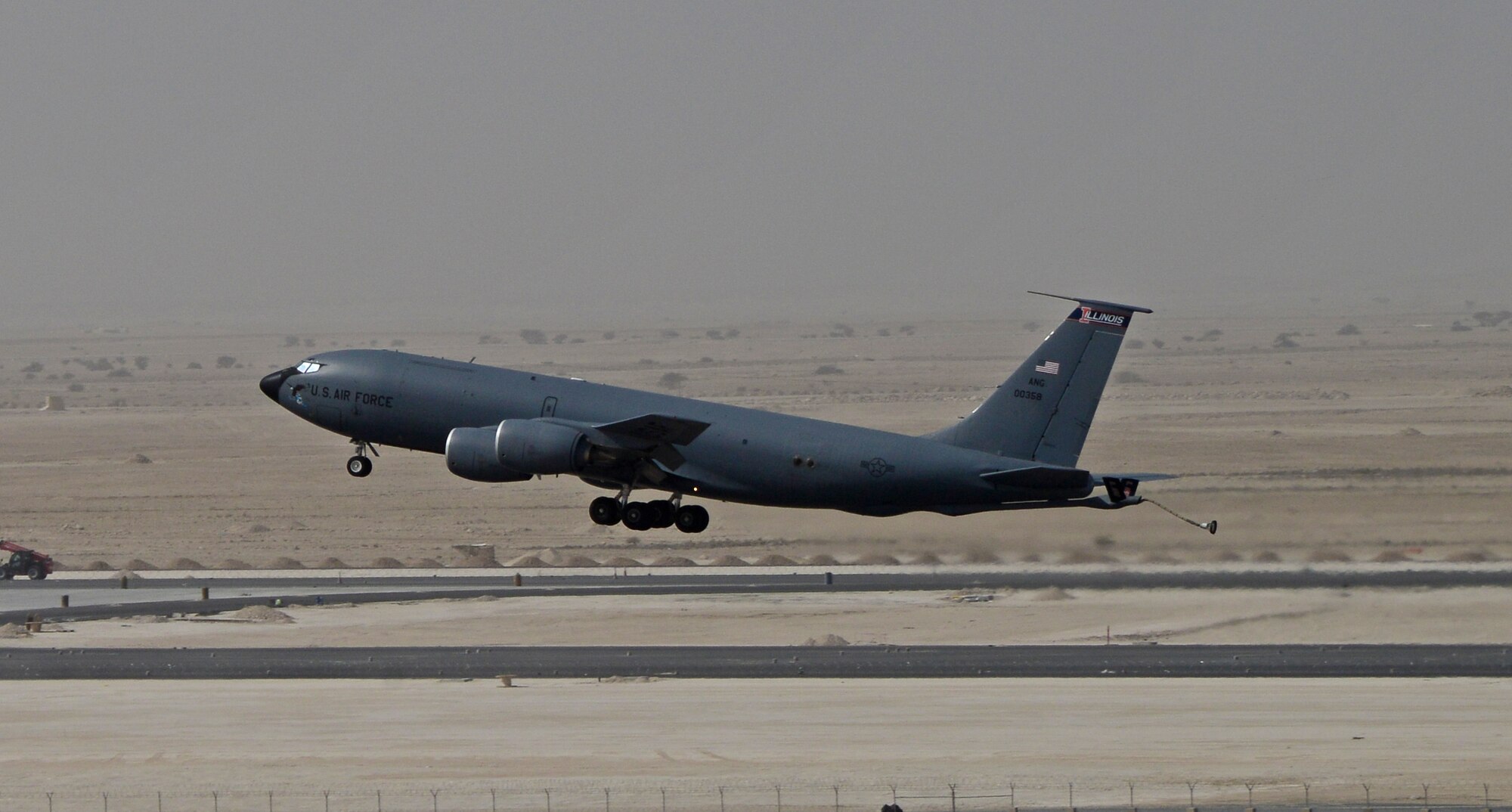 A KC-135 Stratotankers takes-off from the flightline, Feb. 18, 2015, at Al Udeid Air Base, Qatar. Air traffic controllers from the Qatar Emiri Air Force and 379th Expeditionary Operations Support Squadron provide air control support to all the aircraft assigned or transitioning through here. Some of the aircraft, controllers provide support to here are the KC-135 Stratotanker, C-17 Globemaster III, B-1 Lancer, RC-135 Rivet Joint, E-8 Joint STARS, Boeing 747, C-130 Hercules and C-21. (U.S. Air Force photo by Senior Airman Kia Atkins)