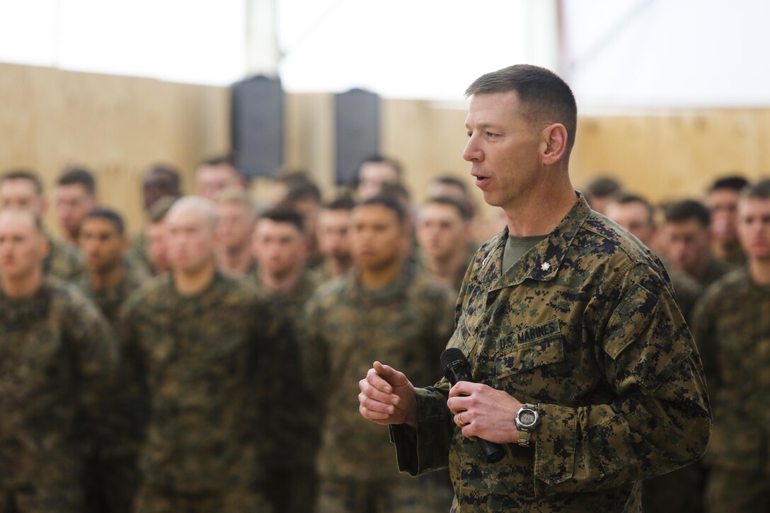 Lt. Col. Joel Schmidt, commanding officer of 2nd Battalion, 2nd Marine Regiment, speaks during a transfer of authority ceremony at Mihail Kogalniceanu, Romania, Feb. 9, 2015. Schmidt passed authority for the new iteration of Black Sea Rotational Force to Lt. Col. Jeffrey Stevenson, commanding officer of 2nd Battalion, 8th Marine Regiment. (U.S. Marine Corps photo by Sgt. S. T. Stewart)