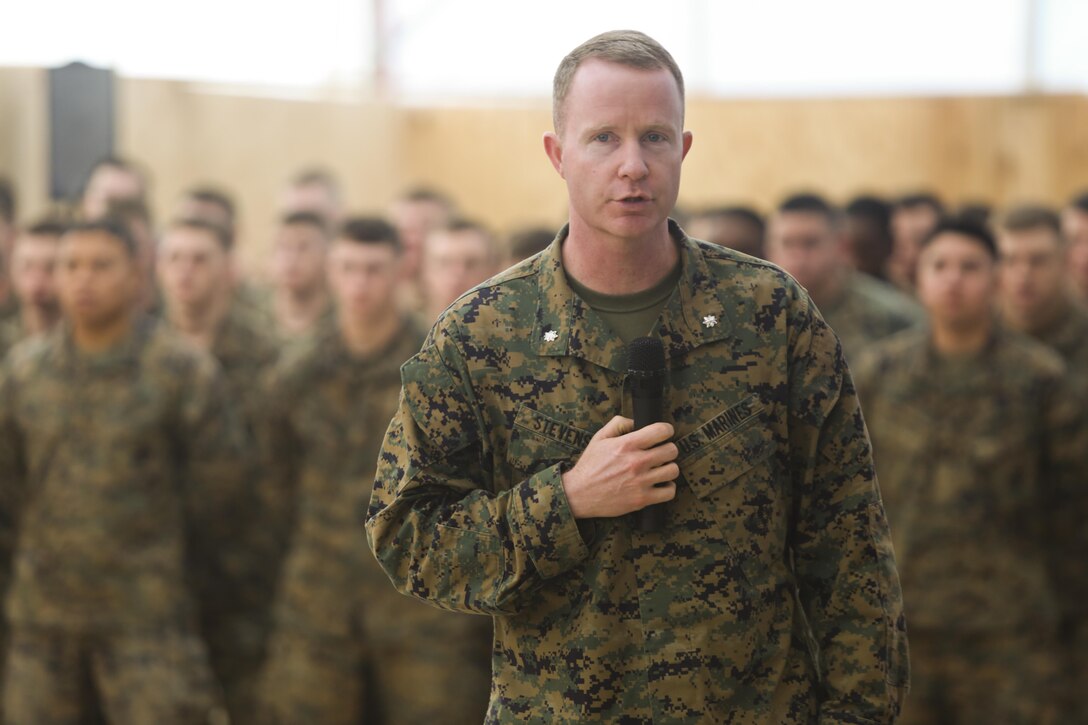 Lt. Col. Jeffrey Stevenson, commanding officer of 2nd Battalion, 8th Marine Regiment, speaks during a transfer of authority ceremony at Mihail Kogalniceanu, Romania, Feb. 9, 2015. Stevenson will lead his Marines in numerous training exercises designed to forge stronger partnerships and interoperability with nations throughout the area. (U.S. Marine Corps photo by Sgt. S. T. Stewart)