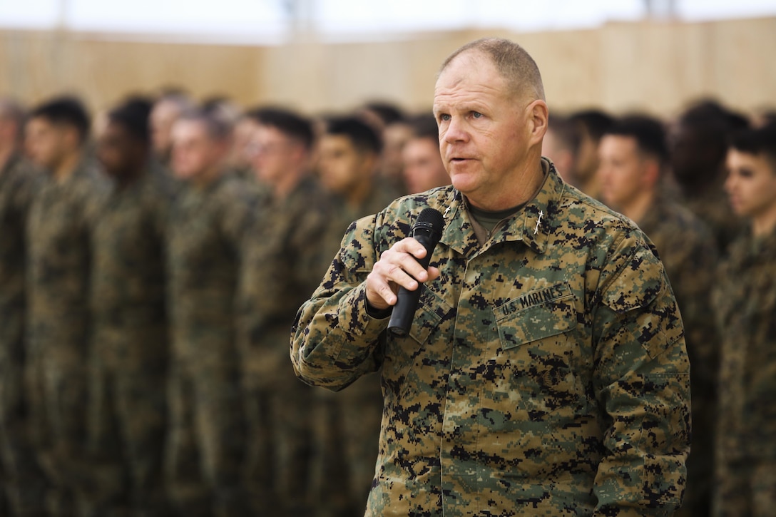 Lt . Gen. Robert Neller, commander of U.S. Marine Corps Forces Command and U.S. Marine Corps Forces Europe, speaks during a transfer of authority ceremony at Mihail Kogalniceanu, Romania, Feb. 9, 2015. The ceremony marked the transfer of authority from 2nd Battalion, 2nd Marine Regiment to 2nd Battalion, 8th Marine Regiment as the leading force for the Black Sea Rotational Force. (U.S. Marine Corps photo by Sgt. S. T. Stewart)
