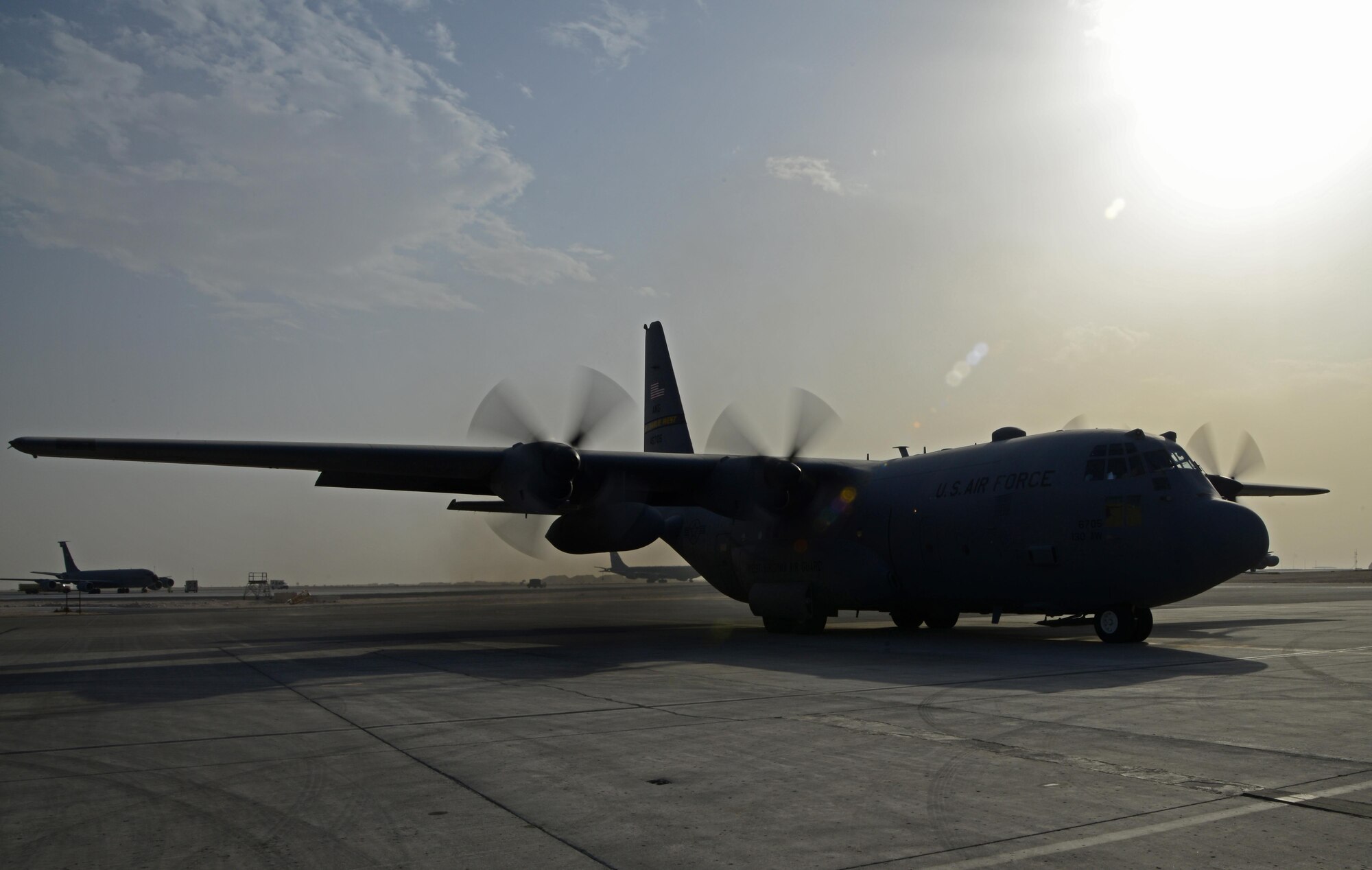A C-130 Hercules prepares to taxi on the flightline, Feb. 18, 2015, at Al Udeid Air Base, Qatar. Before each mission, maintainers from the 746th Expeditionary Aircraft Maintenance Unit perform a preflight inspection inside and outside of the C-130 to ensure all systems are working in accordance with the job guides. Pre-flight inspections are good for up to 72 hours prior to the aircraft's scheduled departure. (U.S. Air Force photo by Senior Airman Kia Atkins)