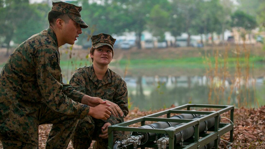 Cpl. Abraham Ostosmendoza, from Staten Island, New York, and Lance Cpl. Jamie Neal, from Houma, Louisiana, purify pond water Feb. 11 during exercise Cobra Gold 2015 at Ban Chan Krem, Thailand. The U.S. Marines utilized the Light Weight Water Purification System, and consistently checked the gauges, temperature, and pressure to ensure it was efficiently supplied to the Royal Thai Marines and the ranges. Ostosmendoza is water support technician with 9th Engineer Support Battalion, 3rd Marine Logistics Group, III Marine Expeditionary Force. Neal is a water support technician with Combat Logistics Battalion 4, 3rd MLG.