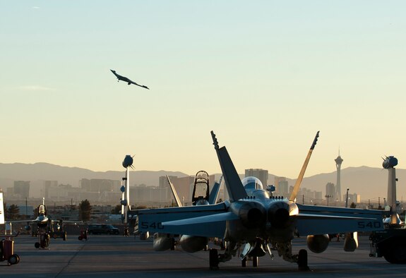 A B-2 Spirit makes a final approach before landing during Red Flag 15-1, Feb. 6, 2015, at Nellis Air Force Base, Nev. B-2s bring unmatched long-range, precision-strike capability options to combatant commanders around the world. The B-2 is assigned to the 393rd Bomb Squadron, Whiteman Air Force Base, Mo. (U.S. Air Force photo/Senior Airman Thomas Spangler)