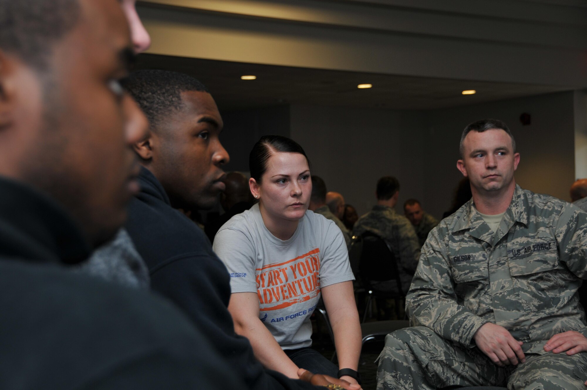 Airmen and Trainees meet up for Wingman Day at Dobbins Air Reserve Base, Ga. to discuss ways to deal with stress Feb. 8, 2015. Dobbins participated in the Air Force-wide Wingman Day to remind the community what it means to be a wingman and how it benefits the base as a whole. (U.S. Air Force photo/Senior Airman Andrew Park)