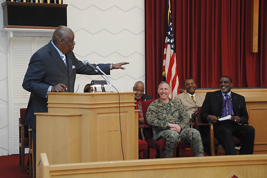 Keynote speaker Dr. Frederick Williams Sr., founder, CEO and senior pastor of Gethsemane Worship Center in Albany, Ga., addresses a crowd at the annual Black History Month celebration held at Marine Corps Logistics Base Albany's Chapel of the Good Shepherd, Feb. 19.
