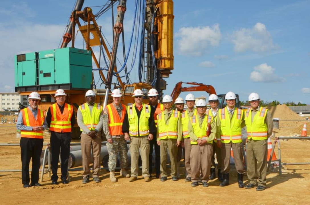 Japan District Commander Col. John Hurley was briefed on the status of construction for Ryukyu Elementary School at Kadena Air Base, Japan during a site visit Feb. 11. The 195,000 square-foot facility will replace Bob Hope Primary and Amelia Earhart Intermediate schools. Its will be the largest U.S. elementary school on the island, servicing approximately 840 students. The project is scheduled for completion in fall 2016.