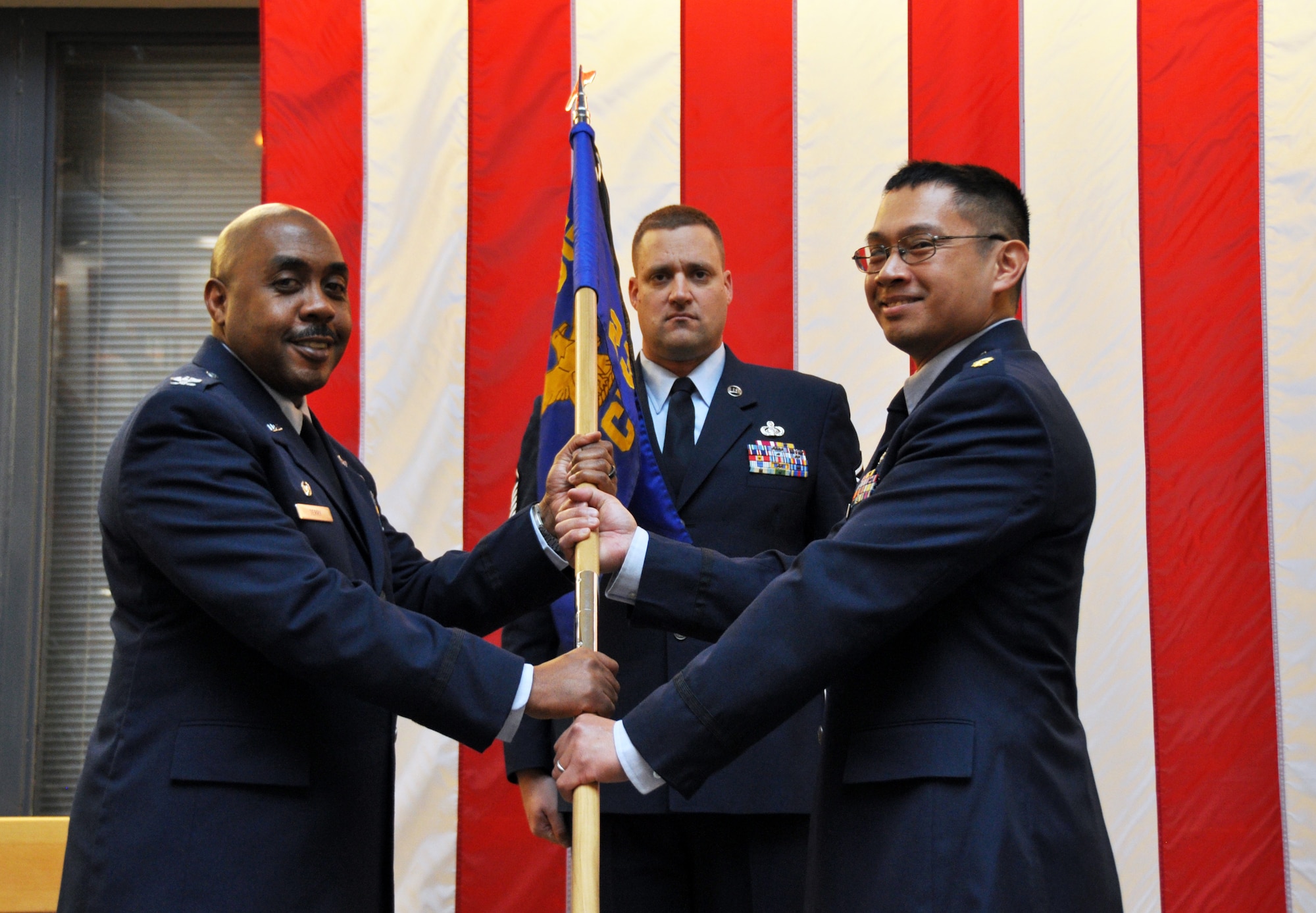 TRAVIS AIR FORCE BASE, Calif. -- Maj. George Camposano assumed the leadership of the 23rd Combat Communications Squadron during a change of command ceremony, Feb. 8, 2015. (U.S. Air Force photo/Staff Sgt. Cindy G. Alejandrez)